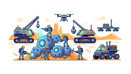 Martian Mining Operation: A futuristic scene depicts astronauts in hazmat suits excavating crystalline rocks on Mars with heavy machinery, including a drone and rover, under a dusty orange sky. © Abdul