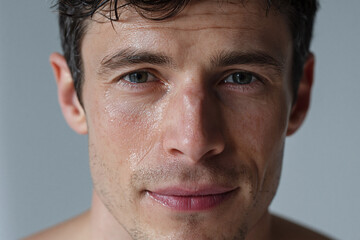 Obraz premium Glowing hydrated skin portrait man with balanced skin tone and subtle stubble, close up face showing natural texture, moist complexion and calm expression conveying wellness and confidence