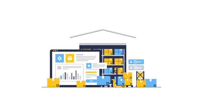 Warehouse management system with analytics dashboard and inventory boxes