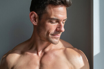 Naklejka premium Male torso leaning into light smooth skin reflecting warm tone, shirtless man looking down with soft lighting and shadow on chest