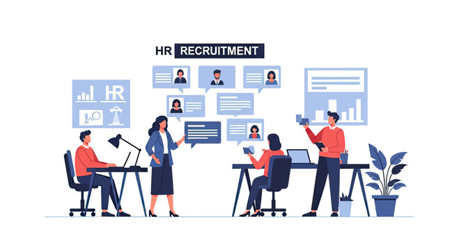 Vector illustration of a multicultural team collaborating in a bright office, surrounded by digital workflow icons and creative process graphics.