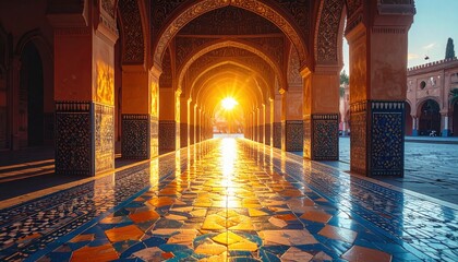 Obraz premium Sunlight illuminates ornate Moroccan architecture hallway with patterned tiles and arches