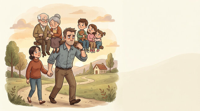 Tired middle-aged man carrying heavy family burden, cartoon illustration of stressed husband and father with elderly parents and children, feeling overwhelmed by life responsibilities, emotional conce