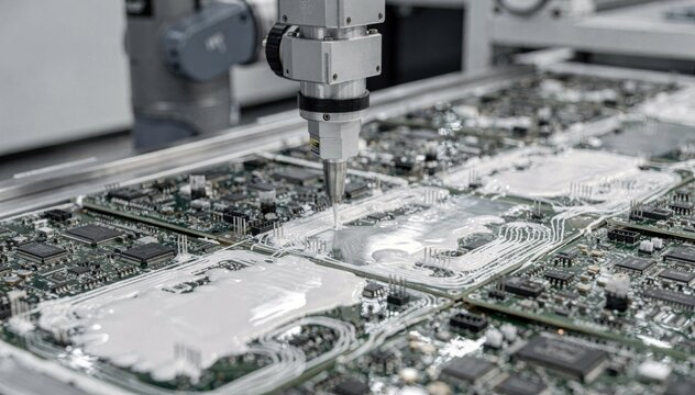 Medium shot of a programmable robot precisely applying selective conformal coating on electronic components carefully avoiding sensitive keepout zones to ensure protection and