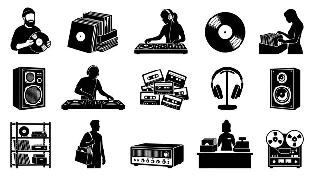 Audio and Music Industry Black  White Glyph Icon Set with Records, DJs, and Sound Equipment
