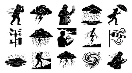 Obraz premium Weather and Meteorology Glyph Icons Set. Storm, Rain, Wind, Lightning, Anemometer, Thermometer Black White Symbols