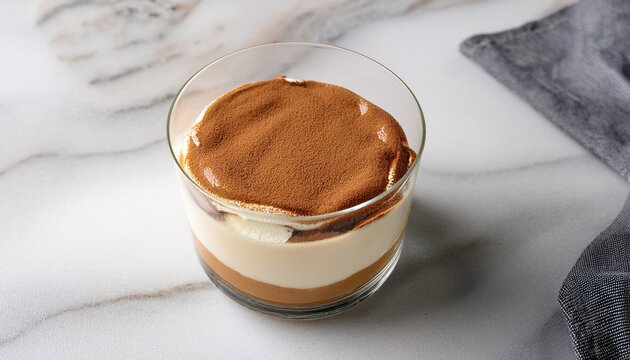biscoff dessert in a glass on a marble background