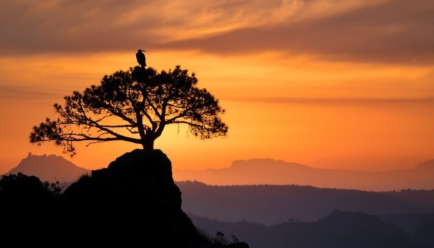 silhouette of majestic tree with bird perched on a rock