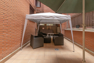Fototapeta premium A small but well-utilized outdoor space in the heart of the city, with walls clad in latticework, hanging planters, and a Nordic-style chair