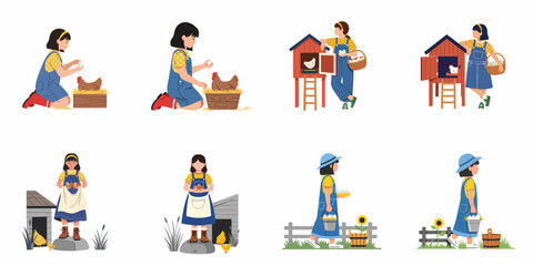 Fototapeta premium Set of illustrations depicting a young girl collecting fresh eggs and interacting with chickens in various rural farm scenes.