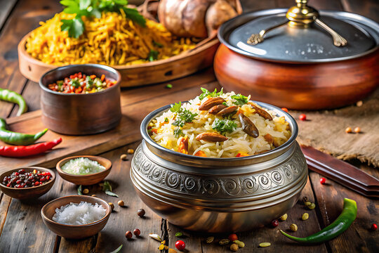 Dum biryani preparation scene  sealed dough pot  authentic Indian kitchen atmosphere