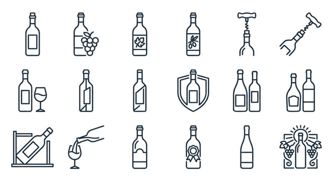 Collection of Wine Bottles and Accessories Hand Drawn Icons.