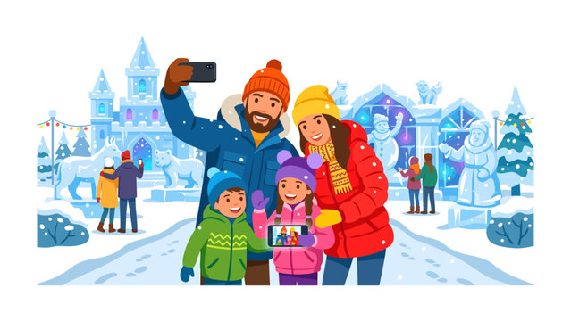 Winter Family Fun: A joyous family poses for a selfie in a whimsical winter wonderland, surrounded by magnificent ice sculptures and snow-covered trees. The children, bundled in colorful winter gear.