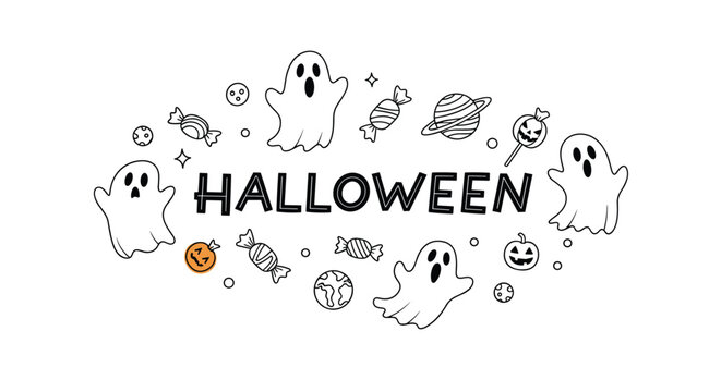 Playful halloween theme with ghosts and pumpkins along with candy and planets surrounding the hand drawn text.