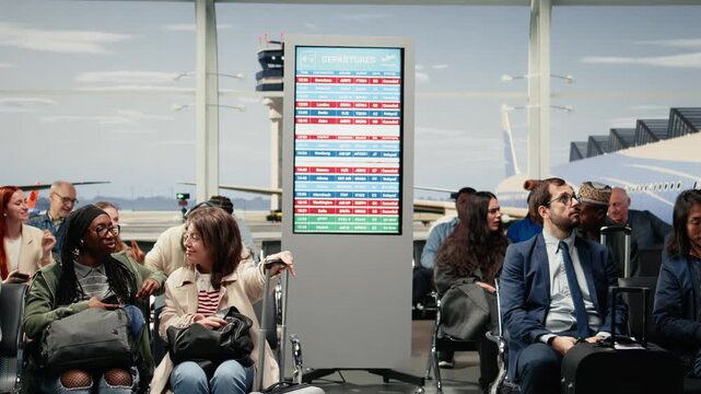 Travelers react to a cancelled flight status update in an airport lounge, discussing delayed announcements and disrupted travel plans near the gate.