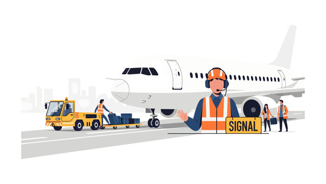 Airport Ground Crew: A detailed illustration depicts an airport ground crew diligently working on the tarmac, handling baggage and directing an aircraft with precision and teamwork.