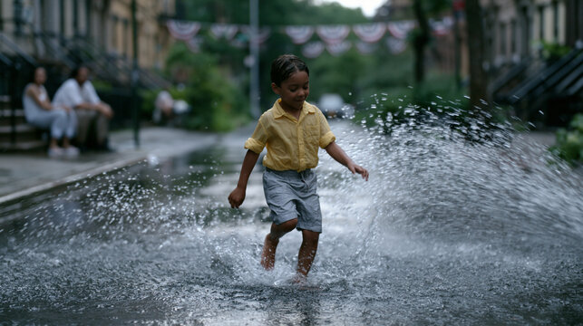 Barefoot child jumping through neighborhood fire hydrant spray on rain-soaked Brooklyn street during July heat wave, parents watching from stoop behind, wet pavement reflecting apartment facades, Am