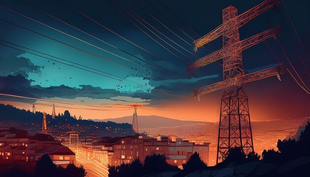 blackout in spain and portugal shows dark cityscape with electricity pylon european energy crisis power outage and infrastructure vulnerability at night power outage concept mz