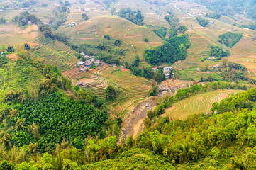 Obraz premium A view over the Muong Hoa stream in the Muong Hoa Valley in northern Vietnam near Sapa, in the morning
