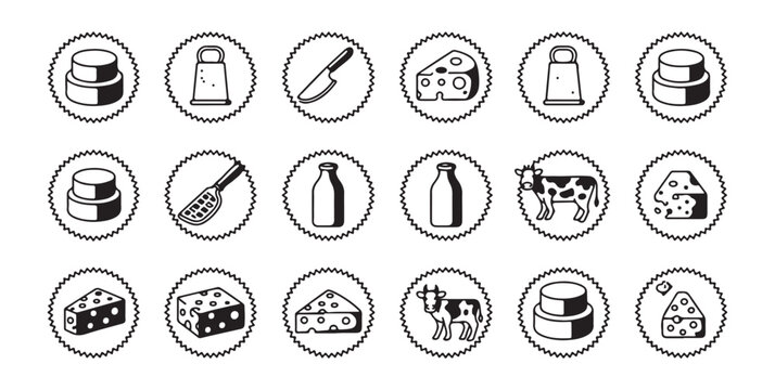Cheese icons set with different types and cheese grater and knife and cow and milk bottle.