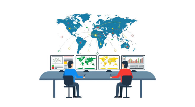 Global network control center with world map and data analysis screens