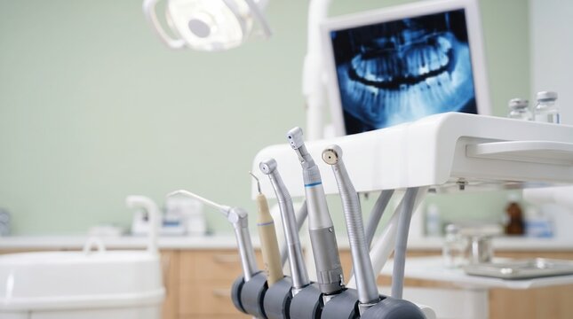 Modern dental clinic interior. Close-up of professional dental handpieces and tools with a panoramic X-ray on a monitor in the blurred background. Healthcare concept