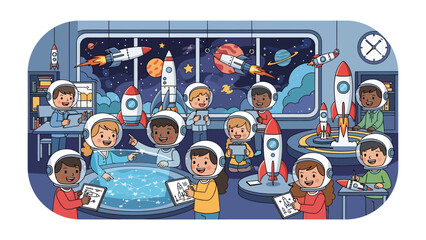Children in Space Exploration Classroom: A vibrant illustration depicts a group of diverse children dressed as astronauts in a futuristic classroom, surrounded by rockets, planets. © Mohammad