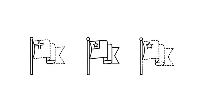 Three Distinct Nautical Flags on Flagpoles Line Drawing.