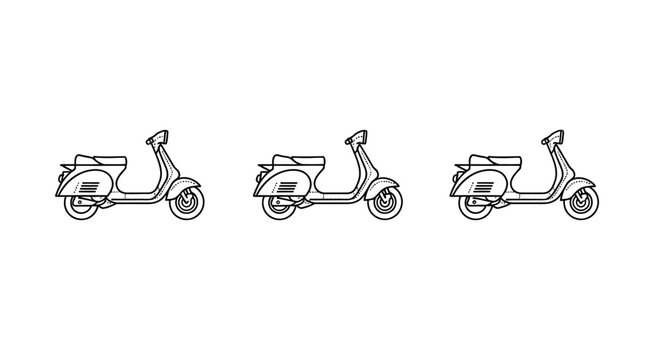 Three vintage scooters black and white illustration set.