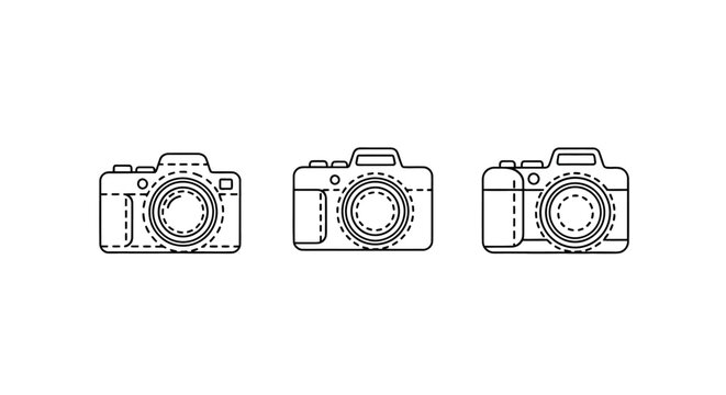 Three different DSLR camera line art illustrations.
