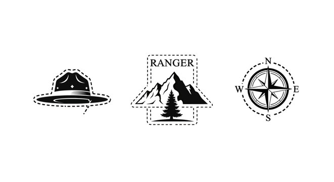 Vintage Park Ranger and Navigation Icons in Monochrome.
