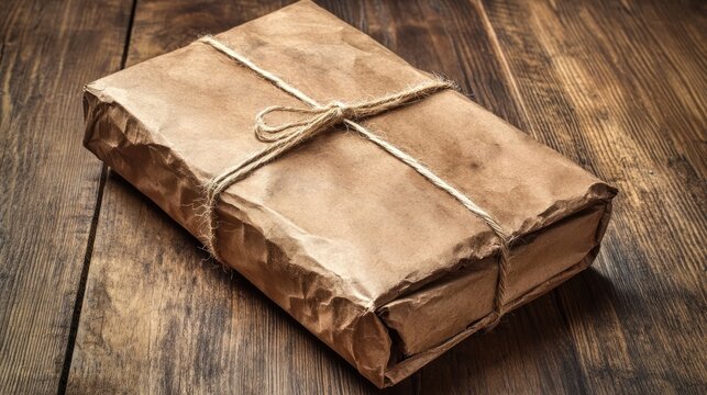 Wrapped package with twine on a wooden table