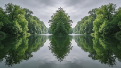 Fototapeta premium A serene lake surrounded by lush green trees reflects the calm water under a cloudy sky with nature's beauty on display