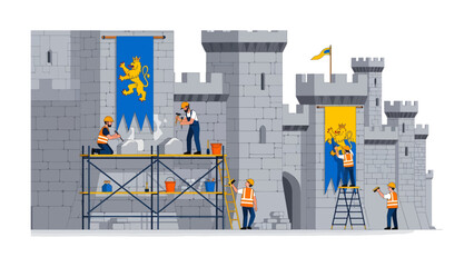 Castle Construction: A medieval castle is under construction, with workers diligently building its stone walls and decorating it with vibrant banners featuring a golden lion emblem. © Abdul