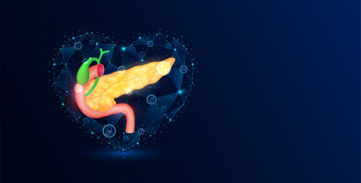 Human organ yellow pancreas in polygon heart blue glowing transparent. Medical science icons. Protection health care. Banner empty space for text. Vector EPS10.
