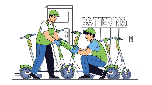 Electric Scooter Battery Swap: Two technicians in uniform are replacing the battery of an electric scooter at a charging station, demonstrating urban mobility solutions.