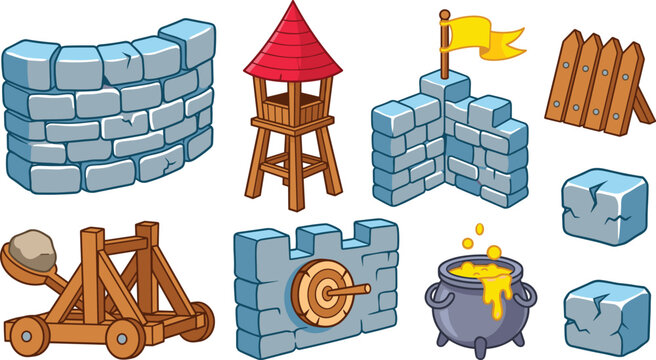 Cartoon Medieval Defense Vector Collection Featuring Stone Walls, Catapult, Watchtower, Cauldron Trap, Wooden Barricade, and Fortress Game Elements