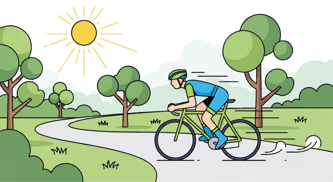 Flat Style Vector Illustration of a Cyclist Riding a Bicycle on a Park Road at Sunny Day