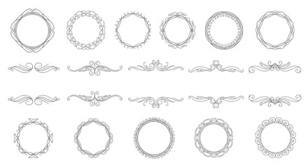 Fototapeta premium Vintage ornamental frames and dividers set, elegant black line flourish borders, 21 decorative victorian scroll elements for wedding invitations