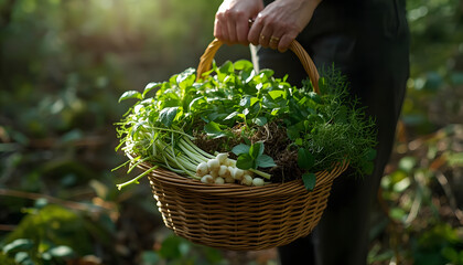 Fototapeta premium Farmer's weathered hands holding a wicker basket overflowing with homegrown organic vegetables, sunlit and fresh from the garden, evoking wholesome rural harvest abundance, created with generative ai