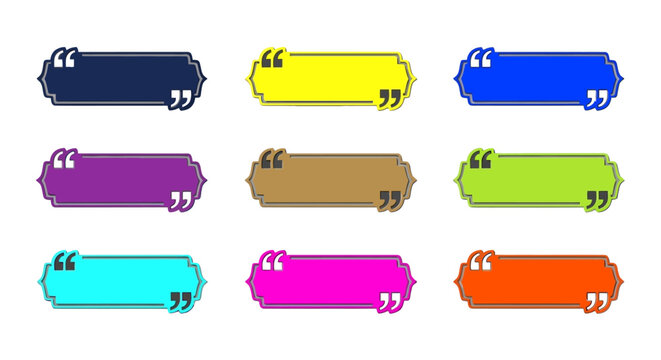 Colorful quote box vector set, 9 decorative speech bubble frames with quotation marks, vibrant testimonial text boxes for social media and web design