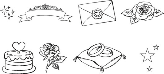 Hand-Drawn Wedding Elements Set, Marriage Celebration Icons with Rings, Rose, Cake, and Love Letter for Greeting Cards and Invitation Design © MSTSUMAYA
