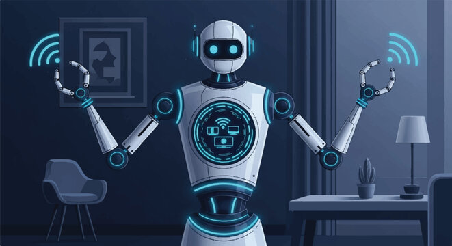 Futuristic Robot Assistant controlling Smart Home Devices Vector Illustration