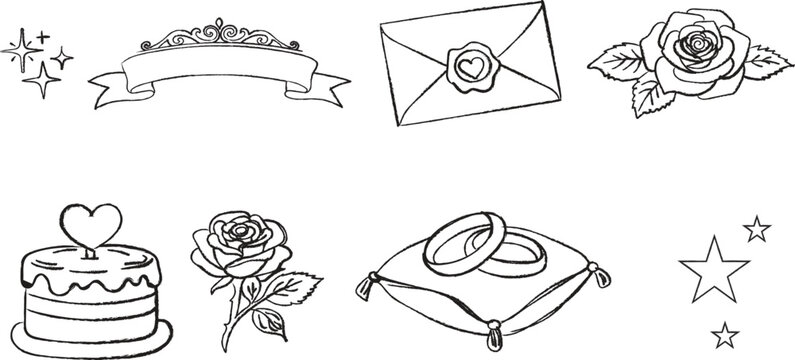 Hand-Drawn Wedding Elements Set, Marriage Celebration Icons with Rings, Rose, Cake, and Love Letter for Greeting Cards and Invitation Design