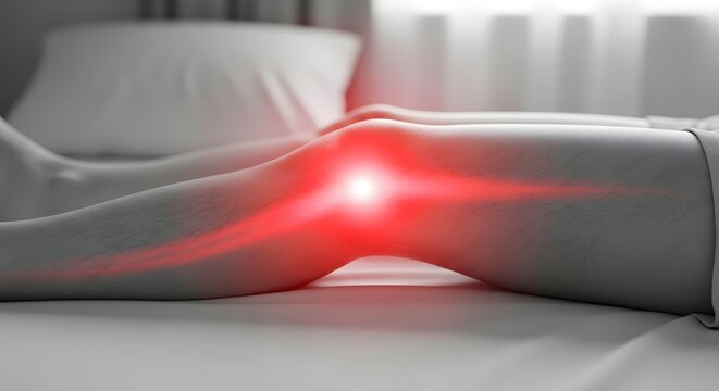 Chronic knee pain and joint inflammation. Orthopedic health and arthritis symptoms. Close up of a leg resting on a bed with red focal point on the painful knee joint
