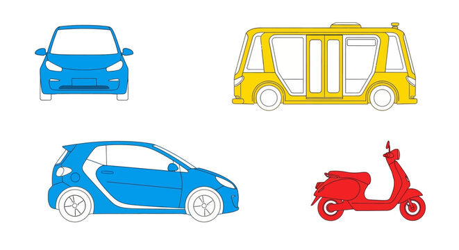 Futuristic transportation collection: autonomous car, shuttle bus, electric vehicle, scooter
