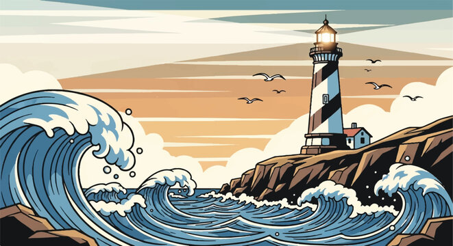 Vintage Style Vector Travel Poster of a Lighthouse on Rocky Cliffs with Big Ocean Waves