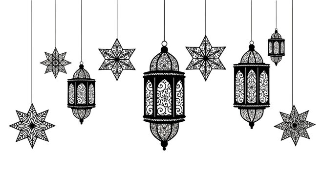Islamic hanging lanterns and stars vector, black silhouette ramadan kareem decorative elements, traditional arabic fanous lamps for eid mubarak celebration
