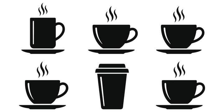 Collection of six steaming coffee cup icons in silhouette with hot drink tea cup travel mug