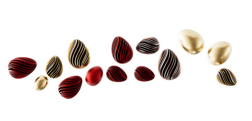 Stylish arrangement of decorative Easter eggs with gold and red patterns, perfect for holiday greetings and designs. © vegefox.com